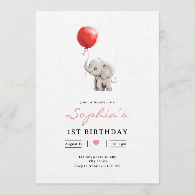Baby Elephant Birthday Invite, Kids 1st Birhday Invitation (Front)