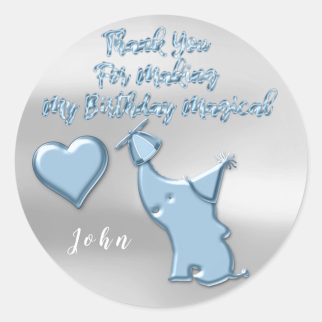 Baby Elephant Birthday Party Favour Thank BlueHear Classic Round Sticker (Front)