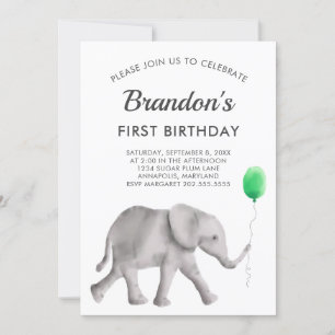 Baby Elephant Birthday Party Invitation, Green Invitation