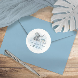 Baby Elephant Blue Baby Shower Return Address Classic Round Sticker