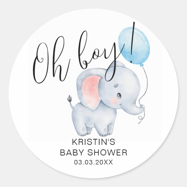 Baby Elephant & Blue Balloon Baby Shower Classic Round Sticker (Front)