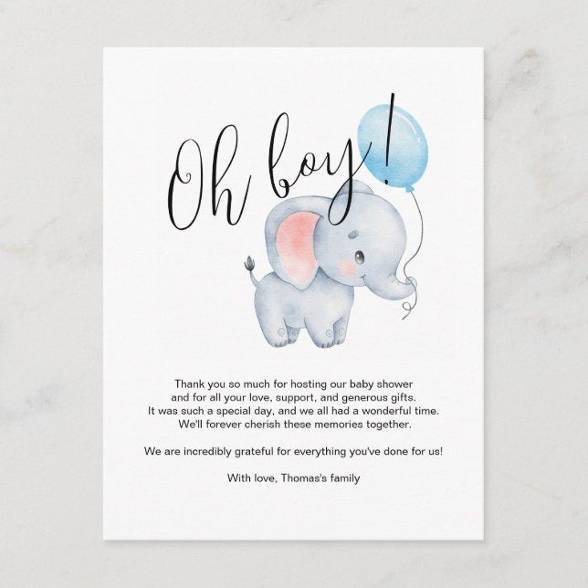 Baby Elephant & Blue Balloon Baby Shower Enclosure Card (Front)