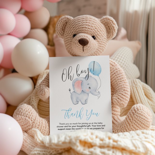 Baby Elephant & Blue Balloon Baby Shower Thank You Card (Creator Uploaded)