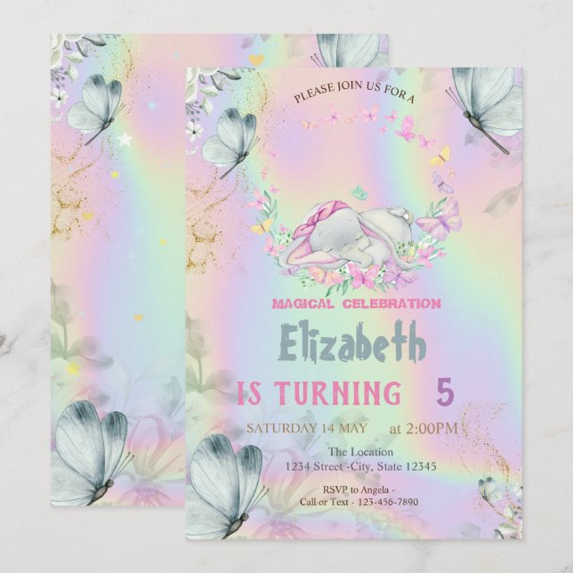 Baby Elephant Blue Butterflies Holographic Invitation (Front/Back)