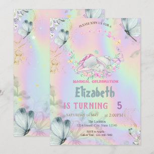 Baby Elephant Blue Butterflies Holographic Invitation