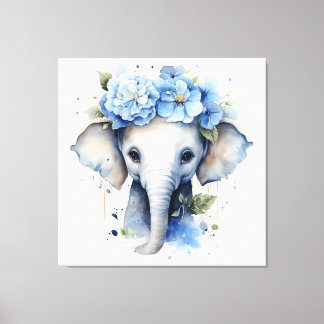 Baby Elephant – Blue Flower Crown Canvas Print