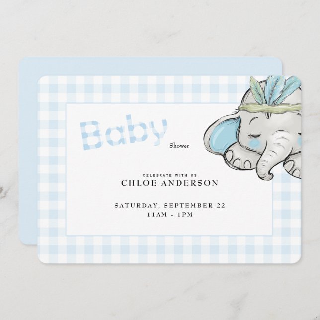 Baby Elephant Blue Gingham Baby Shower Rounded Invitation (Front/Back)