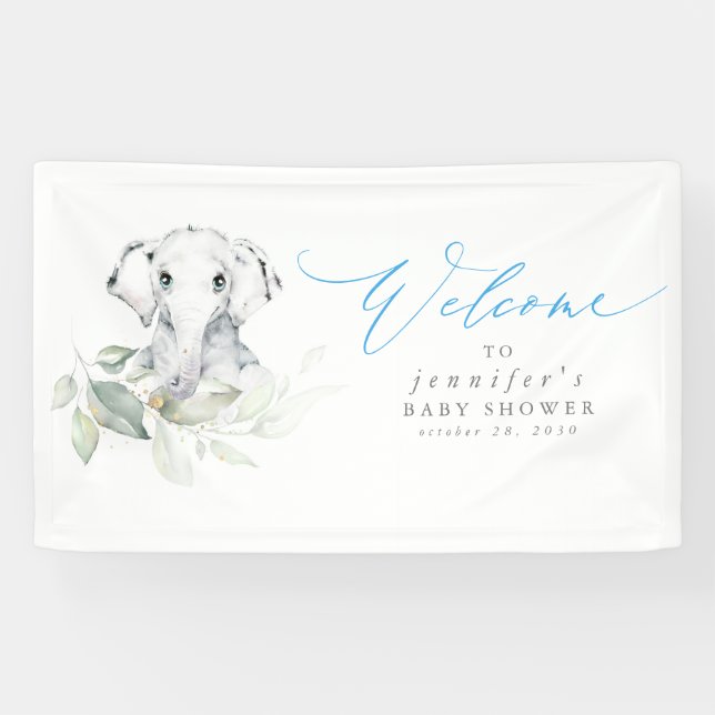 Baby Elephant Blue Sage Baby Shower Welcome Banner (Horizontal)