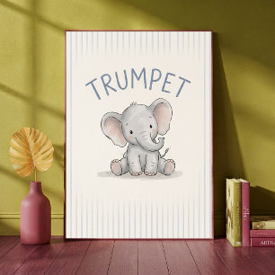 Baby Elephant Blue Stripes Nursery Poster