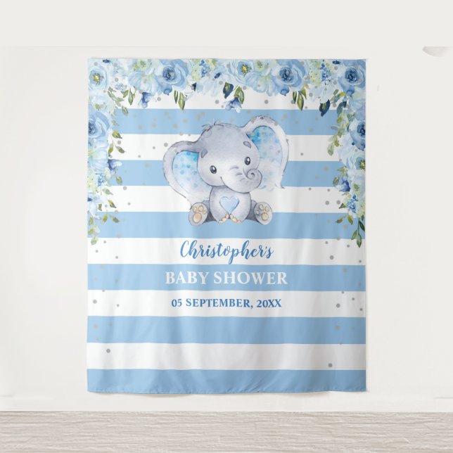 Baby elephant blus floral silver Baby Shower Tapestry (Front)