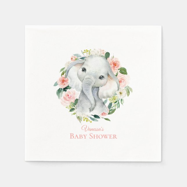 Baby Elephant Blush Pink Floral Baby Shower Napkin (Front)