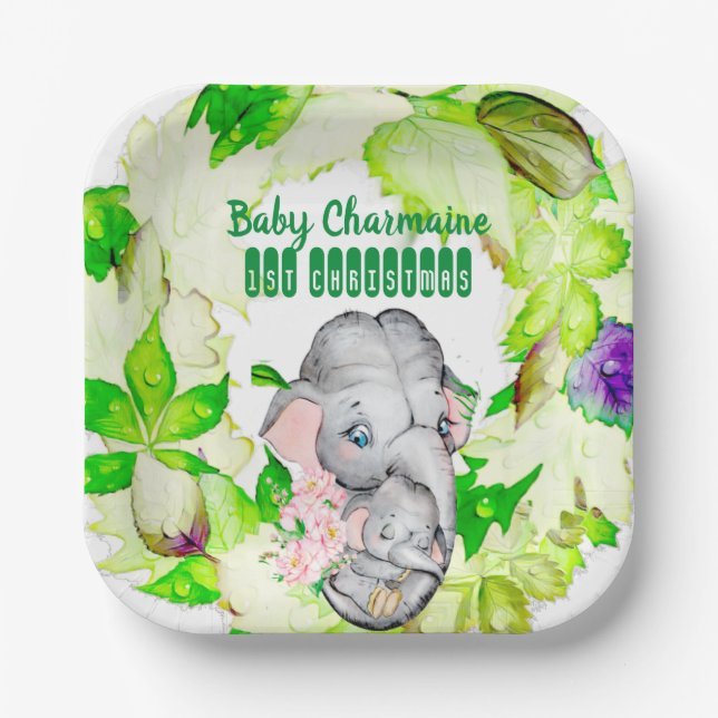 Baby Elephant Botanical Green 1st Christmas Custom Paper Plate (Front)