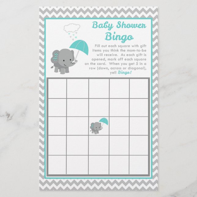 Baby Elephant Boy Baby Shower Game Bingo Card (Front)