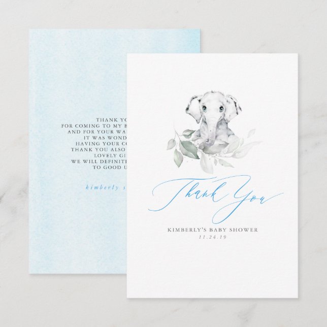 Baby Elephant Boy Baby Shower Thank You Card (Front/Back)