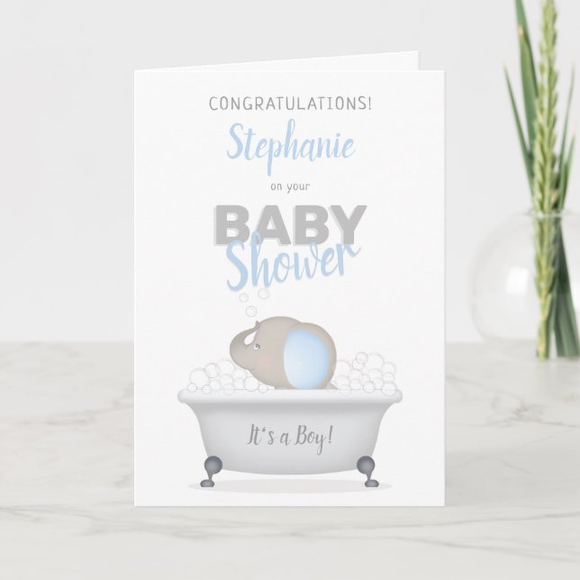 Baby Elephant Bubble Bath Boy Baby Shower Card (Front)