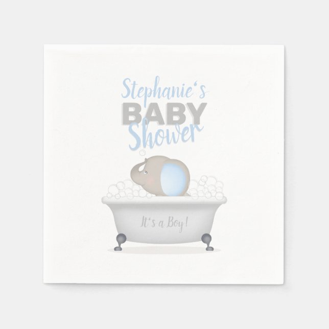 Baby Elephant Bubble Bath Boy Baby Shower Napkin (Front)