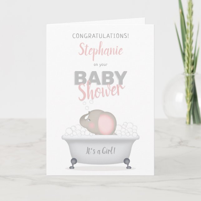Baby Elephant Bubble Bath Girl Baby Shower Card (Front)