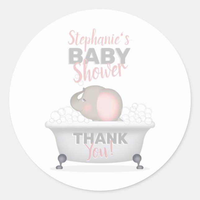 Baby Elephant Bubble Bath Girl Baby Shower Classic Round Sticker (Front)