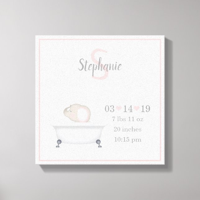 Baby Elephant Bubble Bath Girl Birth Announcement Canvas Print (Front)
