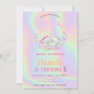 Baby Elephant Butterflies Holographic Birthday Invitation