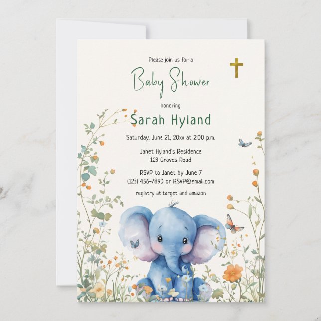 Baby Elephant & Butterflies Orthodox Baby Shower Invitation (Front)