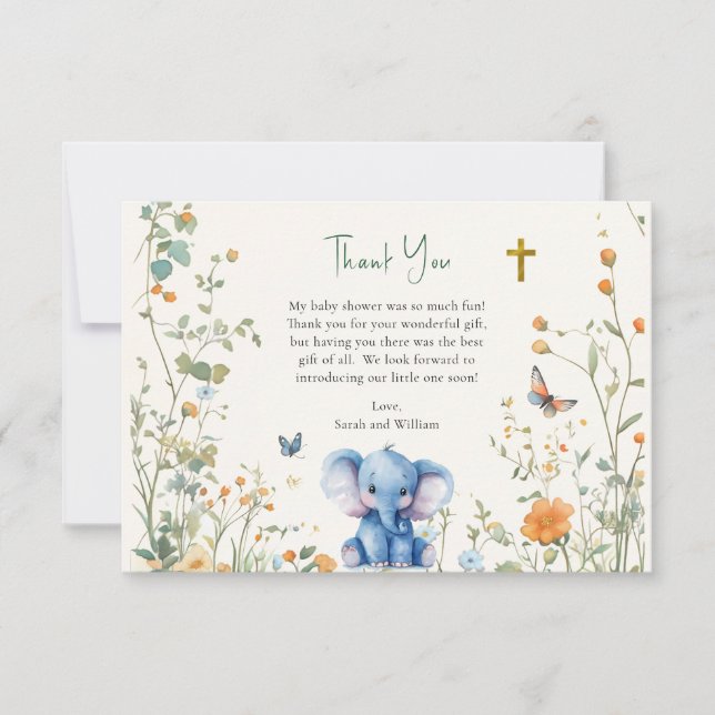 Baby Elephant & Butterflies Orthodox Baby Shower Thank You Card (Front)