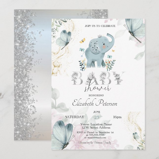 Baby Elephant Butterfly Glitter Silver Baby Shower Invitation (Front/Back)