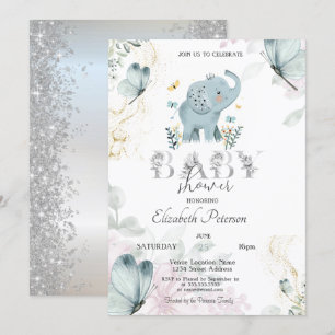 Baby Elephant Butterfly Glitter Silver Baby Shower Invitation
