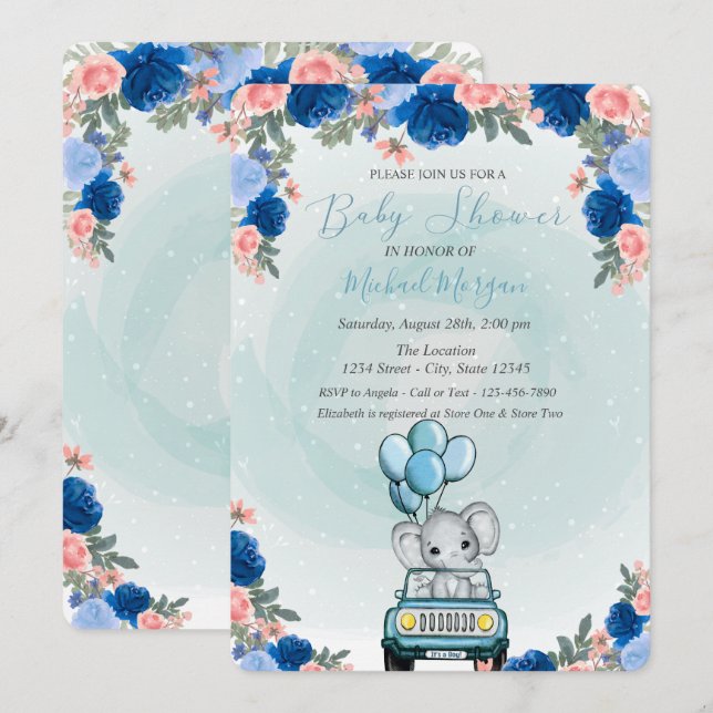 Baby Elephant Car Floral Baby Shower  Invitation (Front/Back)