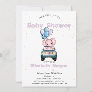 Baby Elephant,Car,Stars Baby Shower Invitation
