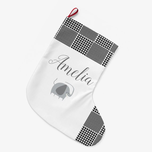 Baby Elephant Cartoon Black Plaid Personalise Large Christmas Stocking (Front (Hanging))