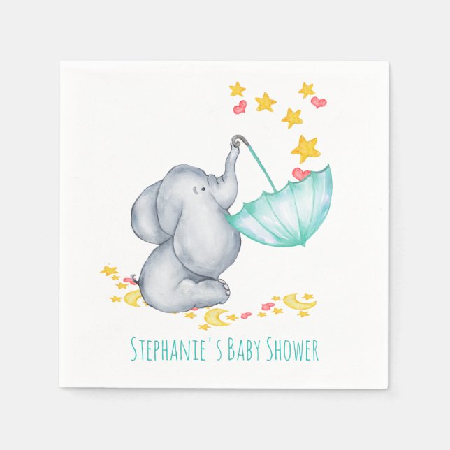 Baby Elephant Catching Falling Stars Baby Shower Napkin (Front)