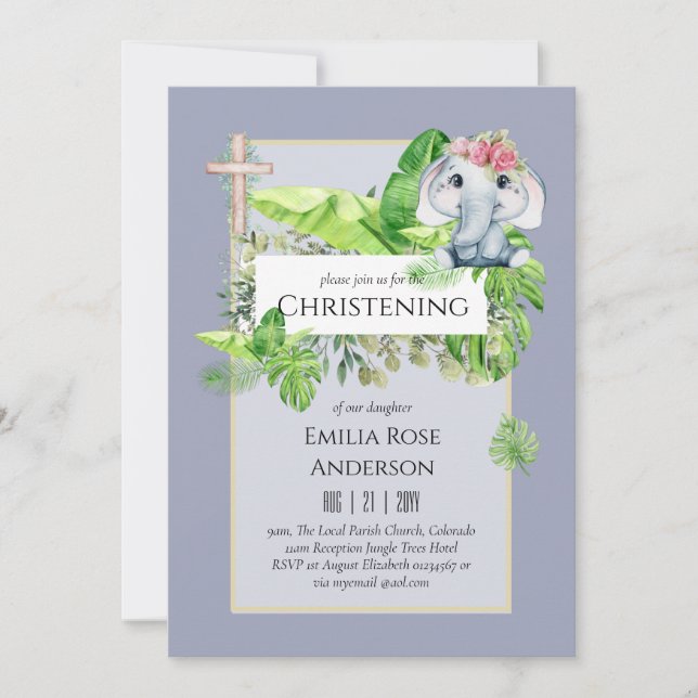 Baby Elephant CHRISTENING Invite for Girls Jungle (Front)
