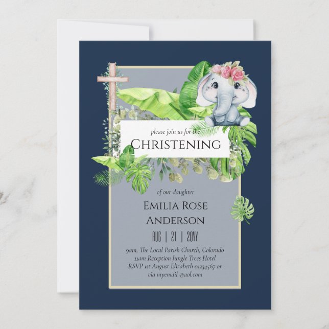 Baby Elephant CHRISTENING Invite for Girls Jungle (Front)