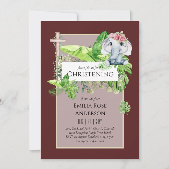 Baby Elephant CHRISTENING Invite for Girls Jungle (Front)