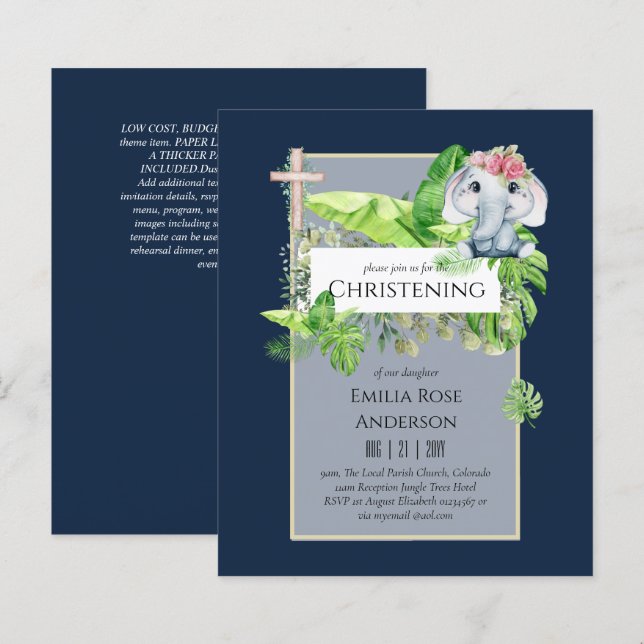 Baby Elephant CHRISTENING Invite for Girls Jungle (Front/Back)