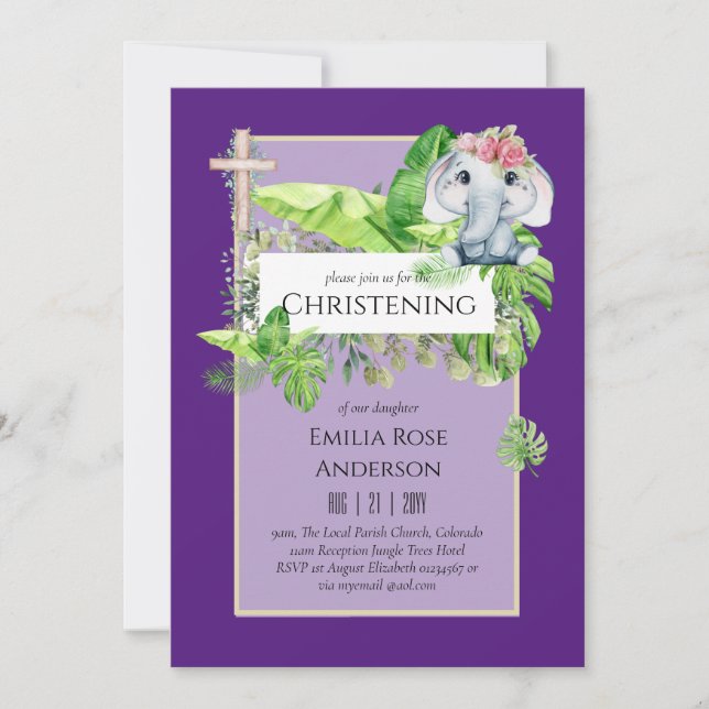 Baby Elephant CHRISTENING Invite for Girls Jungle (Front)