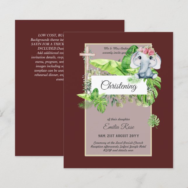 Baby Elephant CHRISTENING Invite for Girls Jungle (Front/Back)