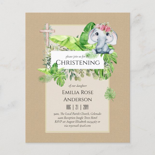 Baby Elephant CHRISTENING Invite for Girls Jungle Flyer (Front)