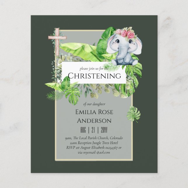 Baby Elephant CHRISTENING Invite for Girls Jungle Flyer (Front)