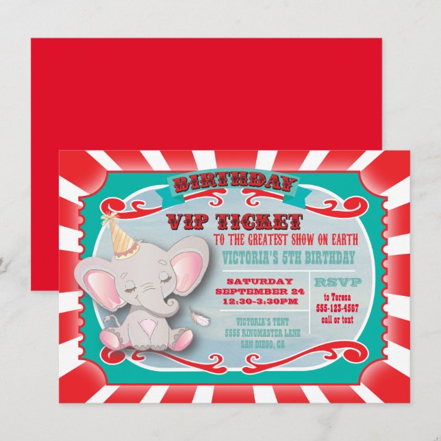 Baby Elephant Circus Ticket Birthday Invitation (Front/Back)