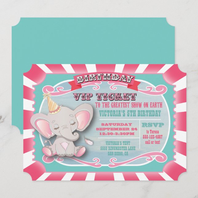 Baby Elephant Circus Ticket Birthday Invitation (Front/Back)