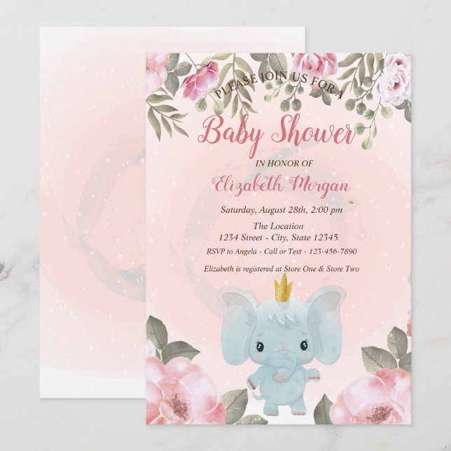 Baby Elephant Crown Floral Baby Shower Invitation (Front/Back)