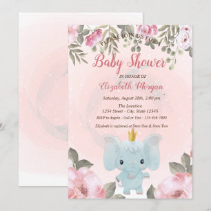 Baby Elephant Crown Floral Baby Shower Invitation