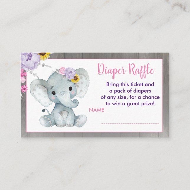 Baby Elephant diaper raffle Purple Pink Yellow Enclosure Card (Front)