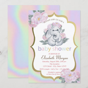 Baby Elephant,Floral,Holographic Baby Shower Invitation