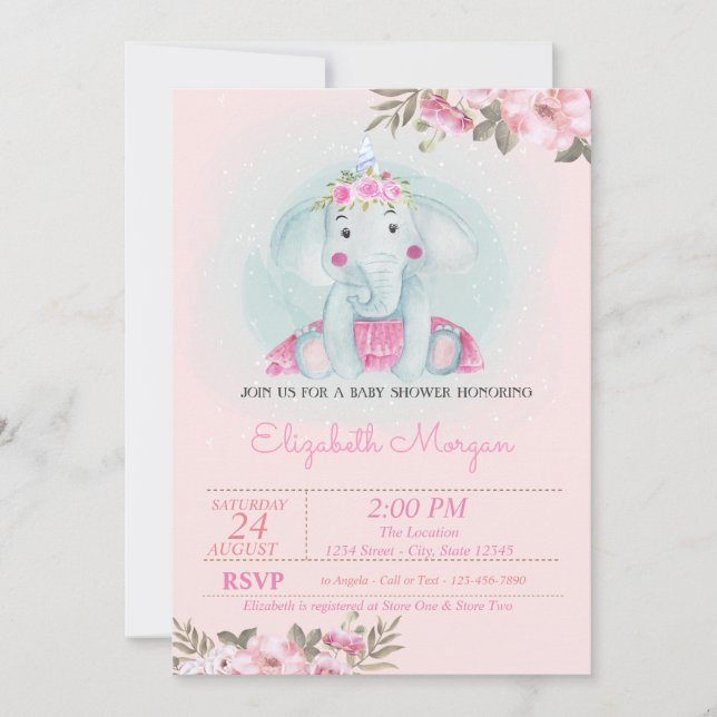 Baby Elephant, FloralCrown Baby Shower Invitation (Front)