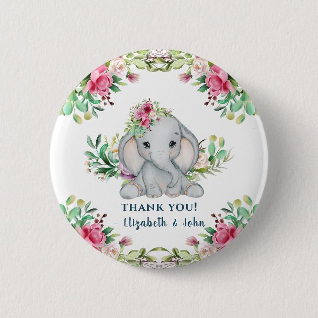  Baby Elephant Flower Baby Shower Thank You Button (Front)