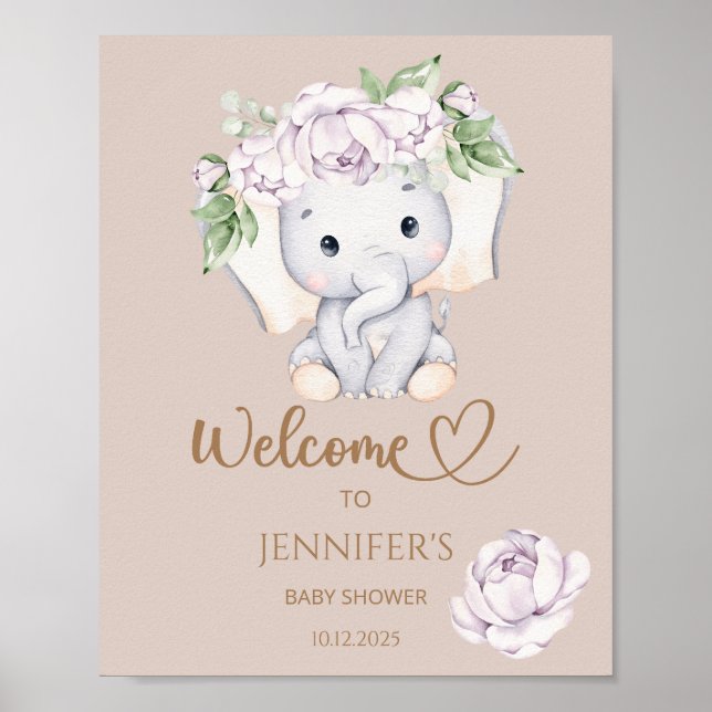 Baby Elephant & Flower Baby Shower Welcome  Poster (Front)