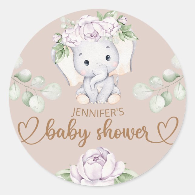 Baby Elephant & Flower Watercolor Baby Shower Classic Round Sticker (Front)